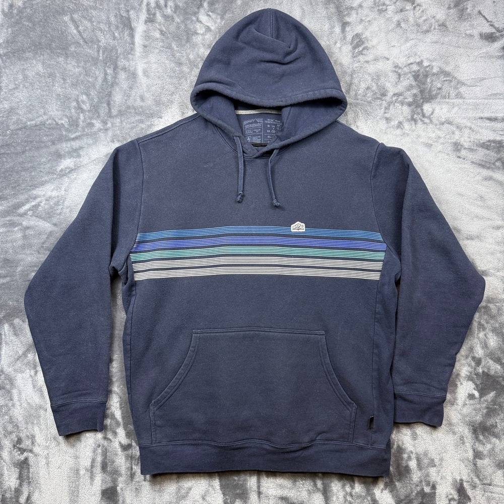 Patagonia Uprisal Hoody Mens XXL Navy Blue Striped Graphic Logo Pullover Hoodie